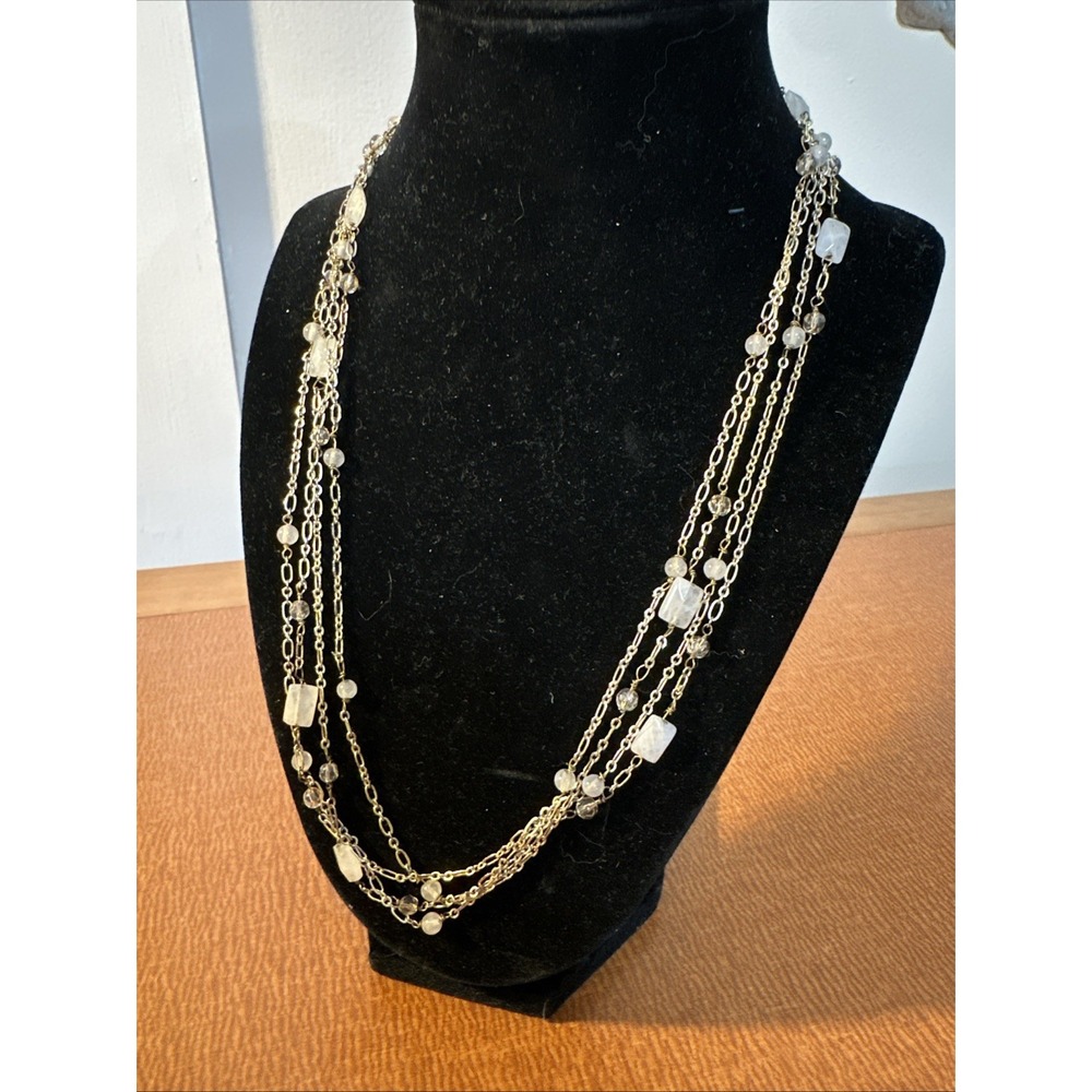 Talbot's Double Stranded Gold Tone Long Chain Necklace- Milky Colored Stones